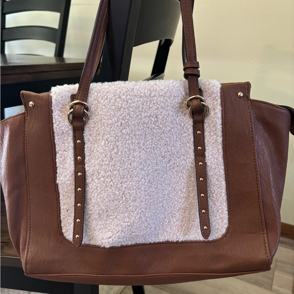 Jessica Simpson Brown Tote with Cream Sherpa Front Panel